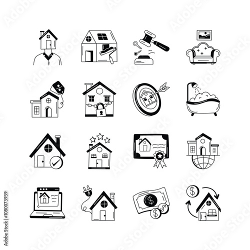 A collection of icons representing various aspects of real estate, including homeownership, renovation, legal processes, property search, security, luxury, and online transactions