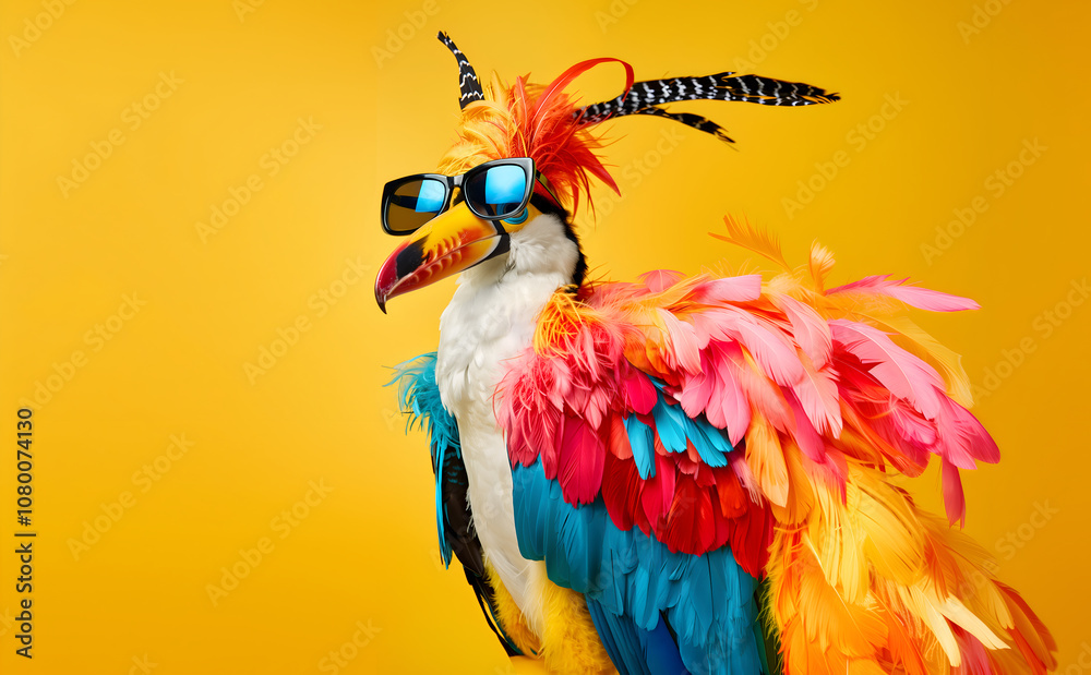 Obraz premium Creative animal concept. Toucan Hornbill bird in luxury wealthy fancy chic luxurious impeccable Fur feather fabric outfits isolated on bright background advertisement, copy text space 