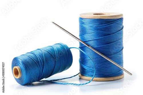 Blue thread and needle isolated on white background