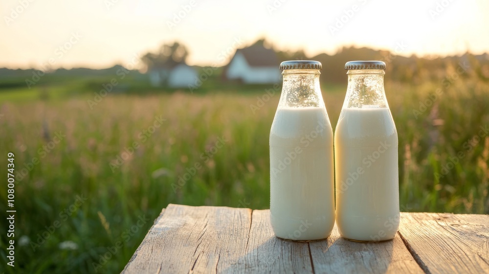 Two bottle of milk on wooden table, nature background. Two bottle of milk on wooden table, nature background.