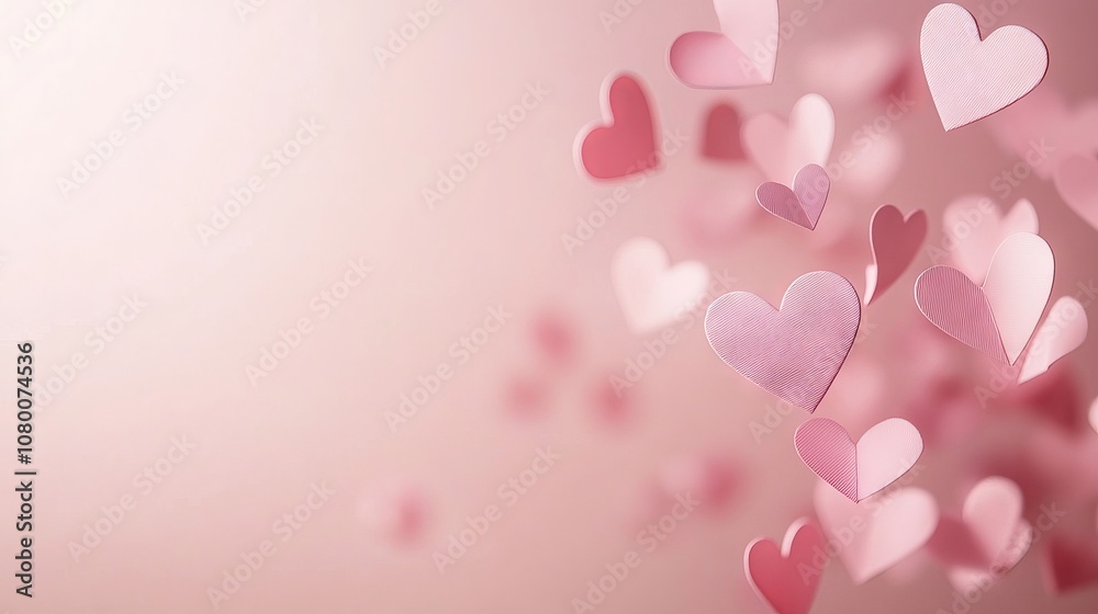 Romantic valentine's day concept with flying paper pink hearts on soft pink background for design inspiration Romantic valentine's day concept with flying paper pink hearts on soft pink background for design inspiration