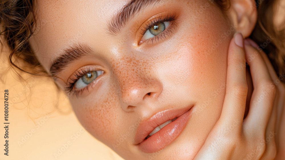 Close-up of a young woman's face showcasing freckles, soft makeup, and striking blue-green eyes against a warm, blurred background Close-up of a young woman's face showcasing freckles, soft makeup, and striking blue-green eyes against a warm, blurred background