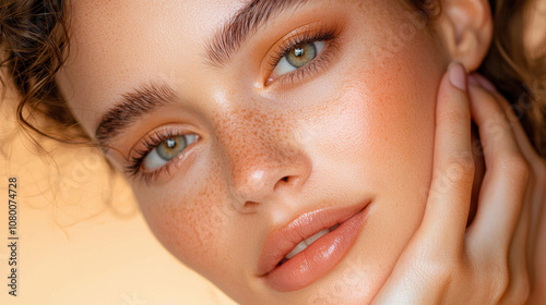 Close-up of a young woman's face showcasing freckles, soft makeup, and striking blue-green eyes against a warm, blurred background