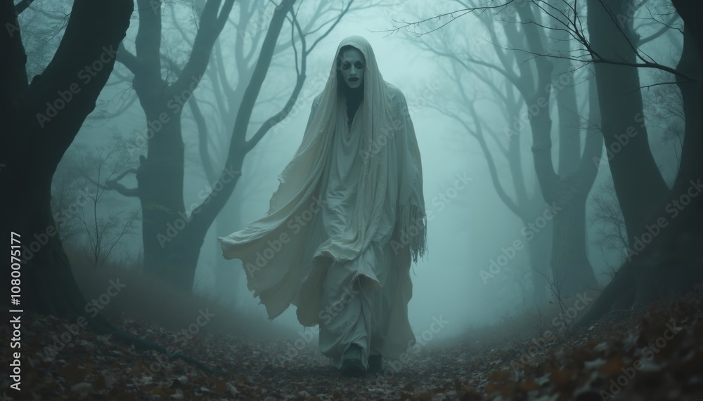 Ominous Silhouette in Tattered Cloth Gliding Through Foggy Forest Ominous Silhouette in Tattered Cloth Gliding Through Foggy Forest