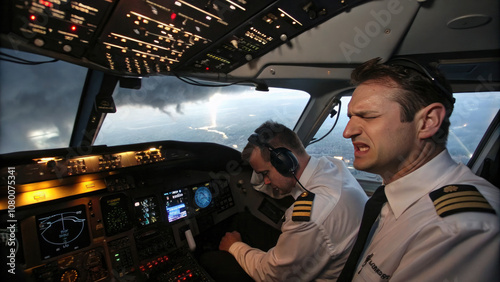 Tense Flight Cockpit Moment, Pilots, Error, Alerts, Turbulent Weather - Urgency and Crisis.