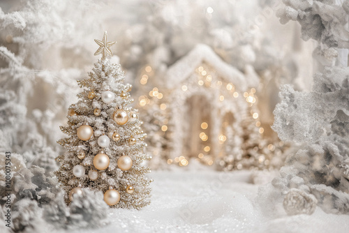 A detailed and enchanting embroidered winter village scene featuring a cozy snow-covered cottage illuminated with warm lights, surrounded by decorated trees and snowy pathways.