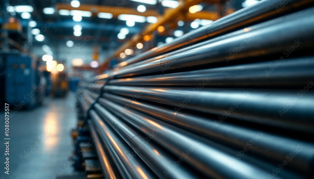 Neatly stacked steel pipes in a factory setting, reflecting ambient light with industrial detail.
Neatly stacked steel pipes in a factory setting, reflecting ambient light with industrial detail.