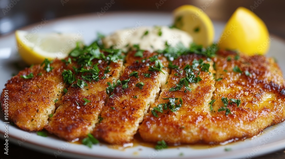 Deliciously breaded fish fillet garnished with parsley and served with lemon slices and creamy sauce, perfect for a gourmet meal. Deliciously breaded fish fillet garnished with parsley and served with lemon slices and creamy sauce, perfect for a gourmet meal.