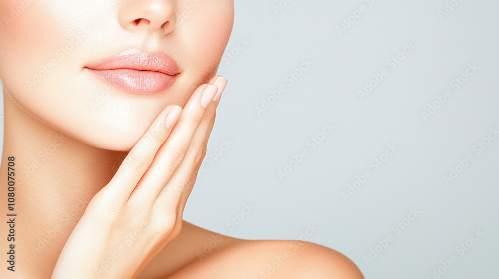 Close-up of a woman's face, highlighting smooth skin, soft lips, and a gentle hand touch against her cheek Close-up of a woman's face, highlighting smooth skin, soft lips, and a gentle hand touch against her cheek