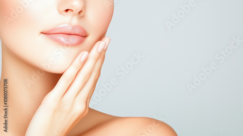 Close-up of a woman's face, highlighting smooth skin, soft lips, and a gentle hand touch against her cheek