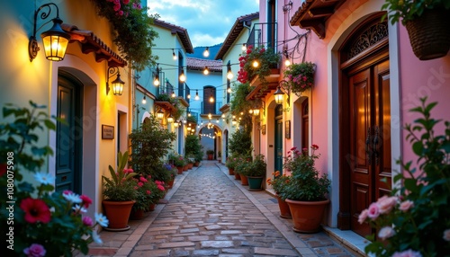 Enchanting Cobblestone Alleyway with Fairy Lights and Pastel Buildings