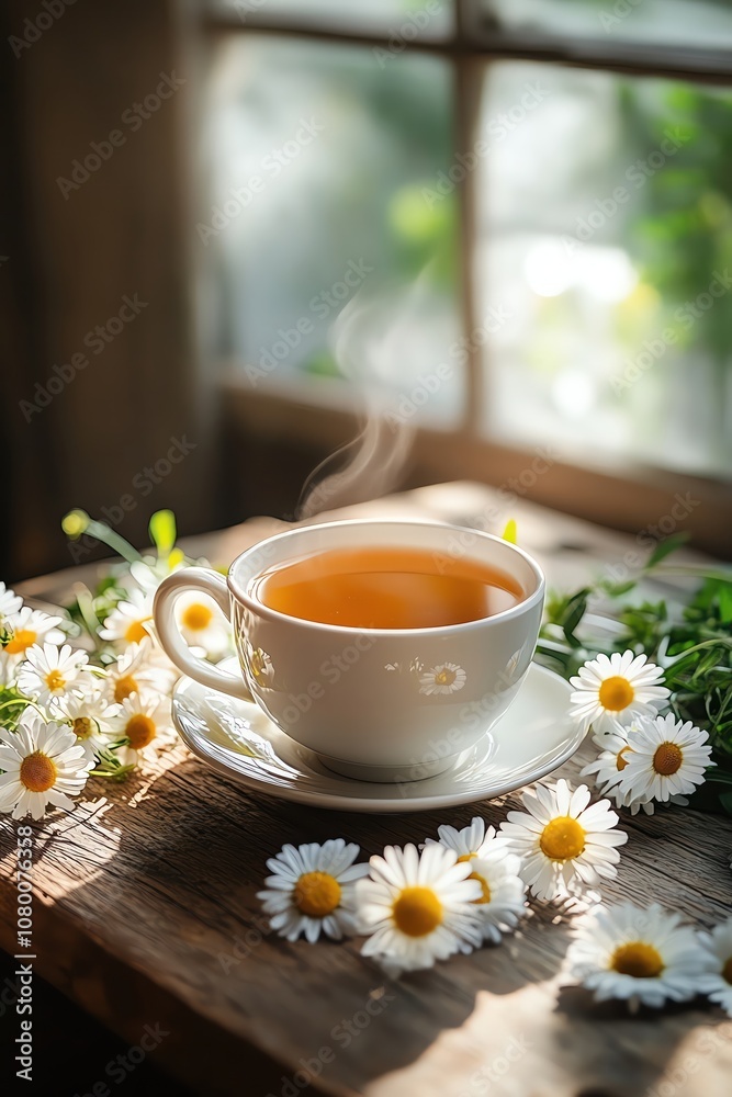 Steaming cup of herbal tea on a rustic wooden table, surrounded by daisies, warm natural sunlight Steaming cup of herbal tea on a rustic wooden table, surrounded by daisies, warm natural sunlight