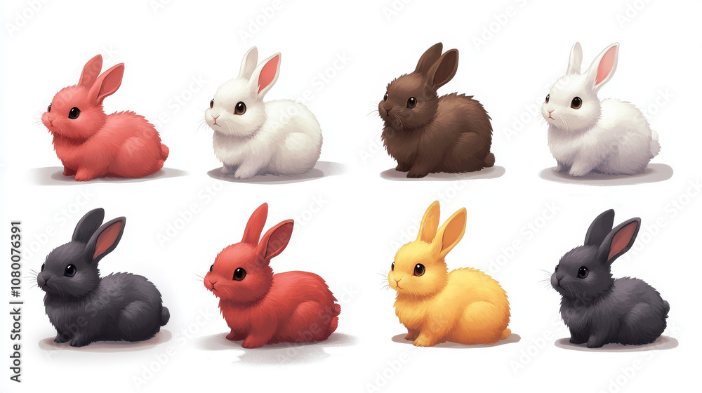These are cute bunny rabbits with different fur colors like red, pink, brown, orange, black, and white. You can use them for artwork or design projects! These are cute bunny rabbits with different fur colors like red, pink, brown, orange, black, and white. You can use them for artwork or design projects!
