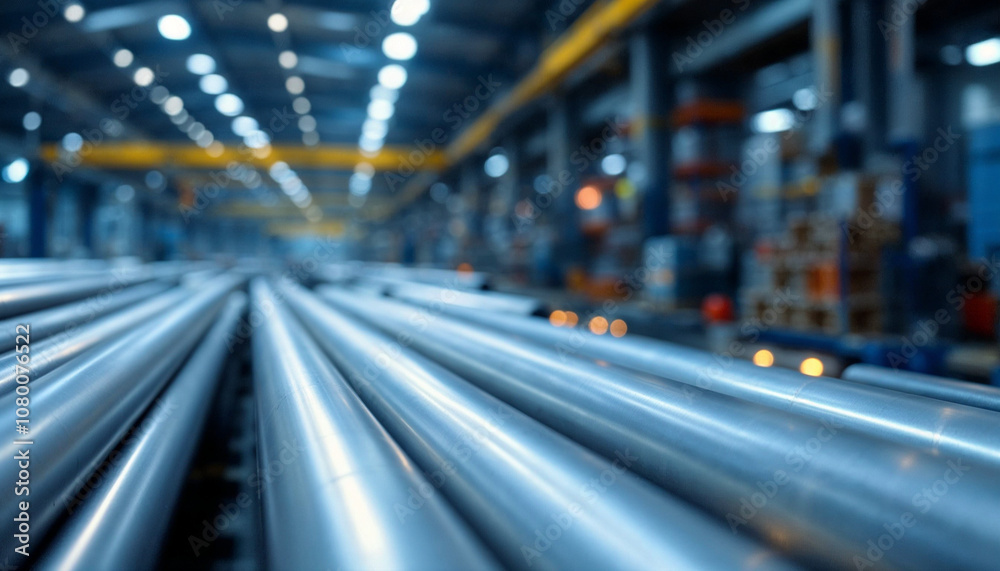 Neatly stacked steel pipes in a factory setting, reflecting ambient light with industrial detail.
Neatly stacked steel pipes in a factory setting, reflecting ambient light with industrial detail.
