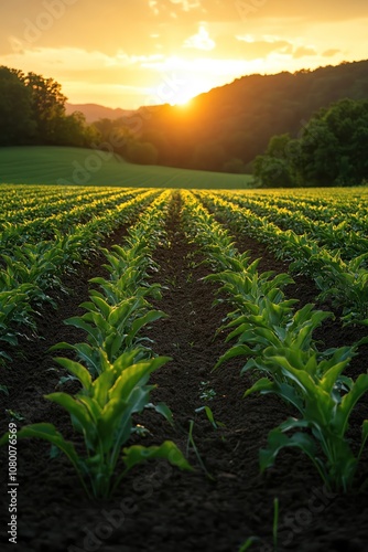 Sunlit field, young crops, sunrise gleam, agricultural growth, wideangle farm landscape photo