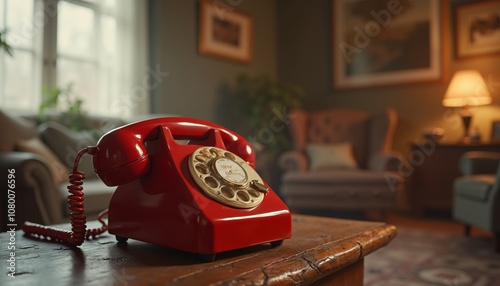 Classic Red Rotary Phone with Coiled Cord on Rustic Wooden Table