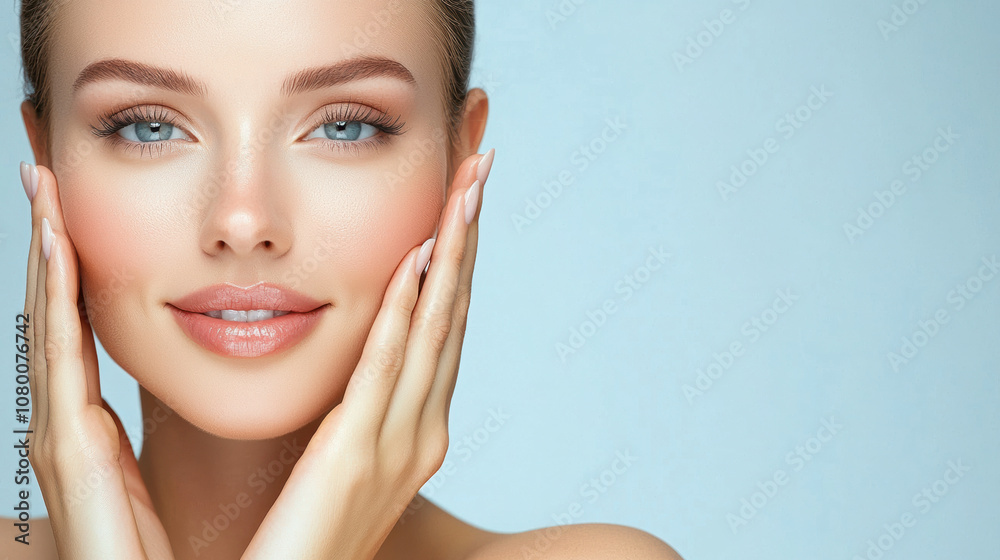 Close-up portrait of a smiling woman gently holding her face with a serene expression against a soft blue background Close-up portrait of a smiling woman gently holding her face with a serene expression against a soft blue background