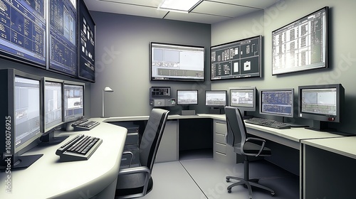 High-Tech Security Monitoring Room with Multiple Monitors and Workstations AI Generated