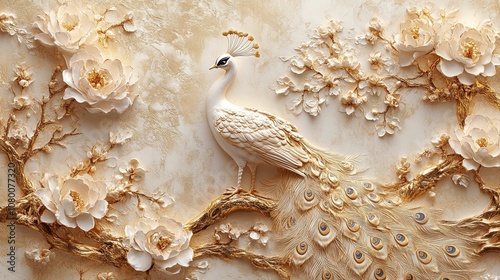 White Peacock in a Golden Branch with White Flowers