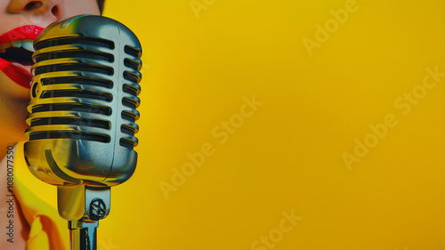 Woman jazz singer sings at old microphone and bright blank copy space. Girly female template for karaoke concert posters, music podcasts and radio advertising photo