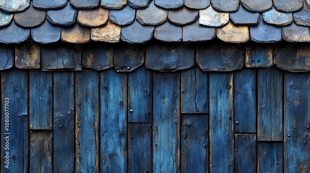 Textured blue wooden wall with slate shingles for architectural design. Textured blue wooden wall with slate shingles for architectural design.