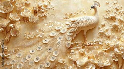 White Peacock and Floral 3D Wall Art