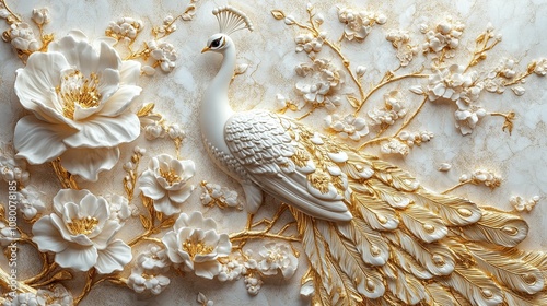 White Peacock with Golden Feathers and Flowers in 3D Relief