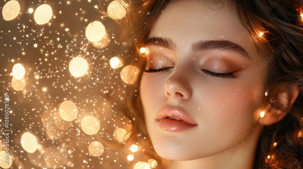 Fototapeta premium Dreamy Portrait of Woman with Soft Lights and Sparkles