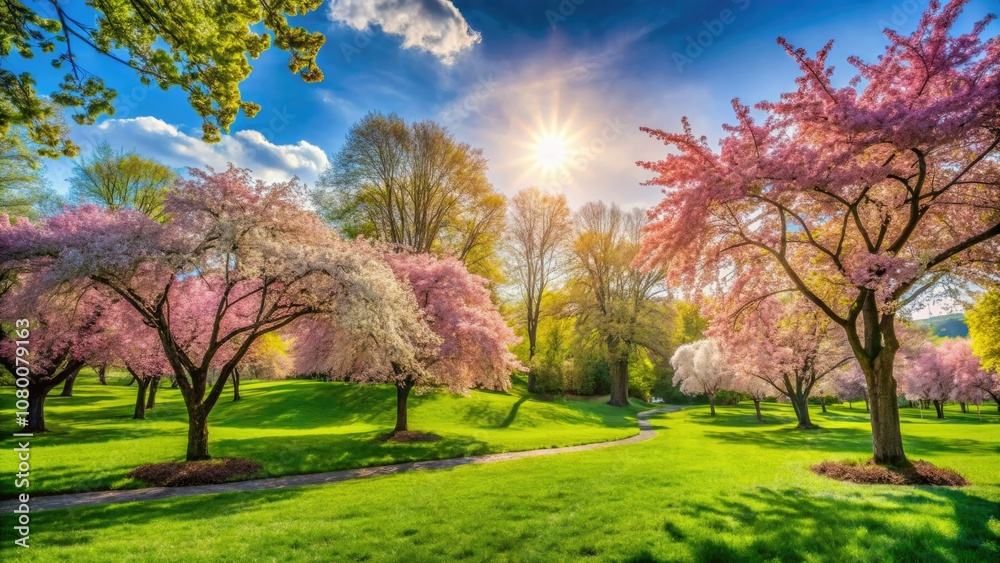 Fototapeta premium A colorful spring landscape unfolds with flowering trees and a rich green lawn, all illuminated by bright sunshine, creating a picturesque park atmosphere.