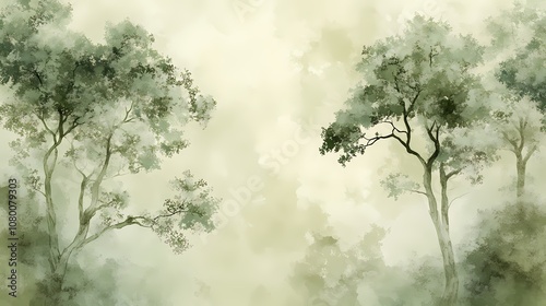 Watercolor green grey branches and leaves texture poster background
