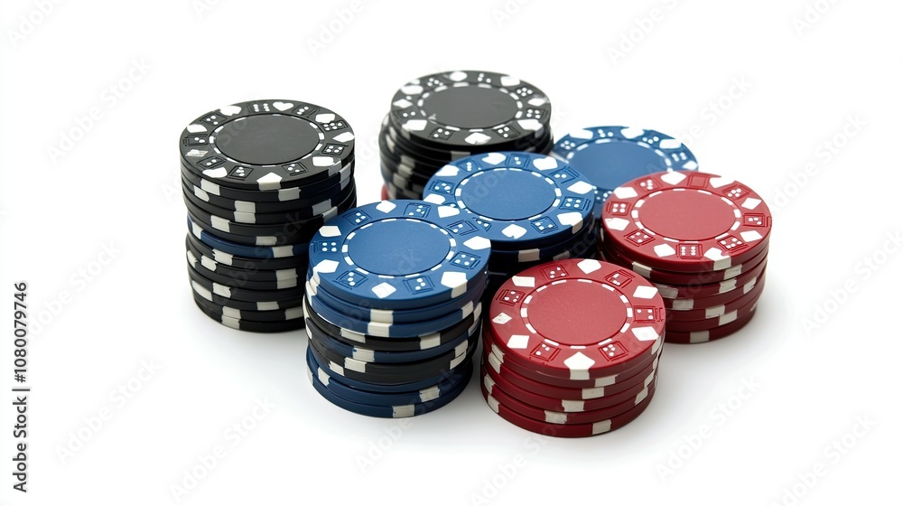 Colorful Casino Chips Arranged in Stacks Isolated on White Background for Gambling, Poker, and Casino Games Promotion Colorful Casino Chips Arranged in Stacks Isolated on White Background for Gambling, Poker, and Casino Games Promotion