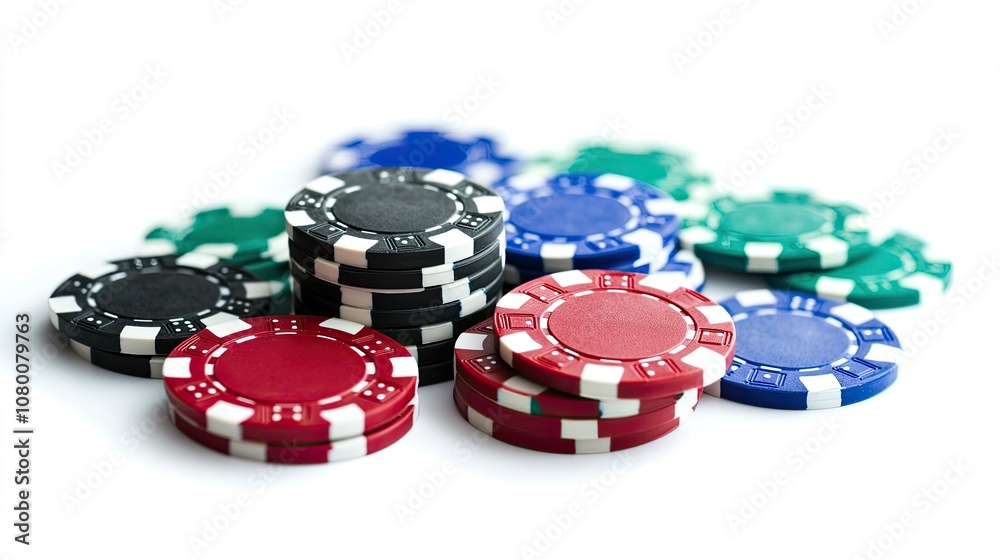 A Collection of Colorful Casino Poker Chips Stacked on a White Background, Perfect for Gaming, Gambling, and Casino-Themed Projects and Illustrations A Collection of Colorful Casino Poker Chips Stacked on a White Background, Perfect for Gaming, Gambling, and Casino-Themed Projects and Illustrations
