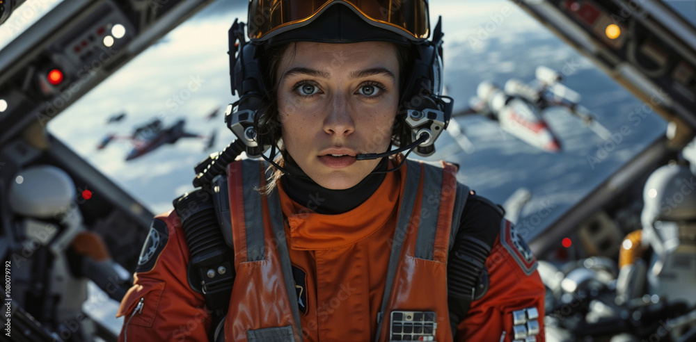 A focused female space pilot in a futuristic cockpit, ready for battle. Her intense gaze reflects determination and courage as spaceships fly in the background, creating an atmosphere of adventure A focused female space pilot in a futuristic cockpit, ready for battle. Her intense gaze reflects determination and courage as spaceships fly in the background, creating an atmosphere of adventure