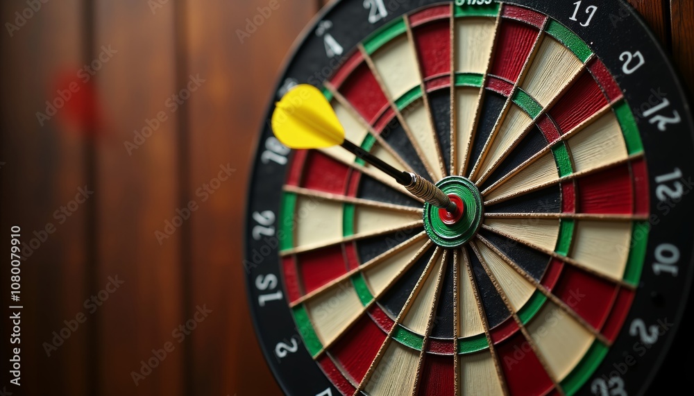 Classic Wooden Dartboard with Vibrant Segments and Dart in Bullseye Classic Wooden Dartboard with Vibrant Segments and Dart in Bullseye