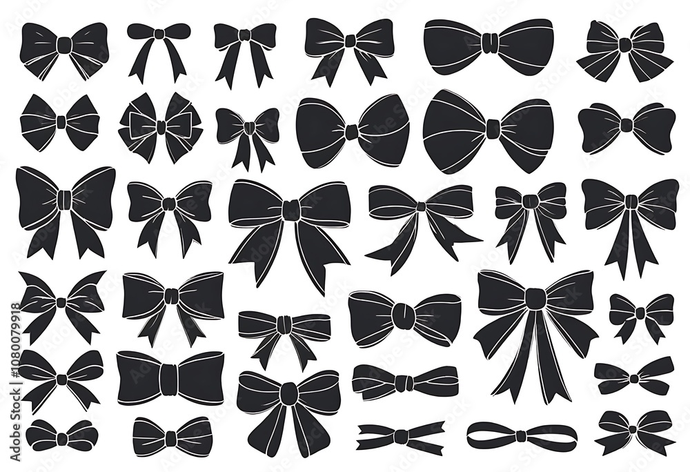 Decorative bow silhouette. Gift wrapping favor ribbon, black jubilee bows stencil. Christmas, anniversary or valentine day packaging ribbons, party decor bow. Isolated vector icons set Decorative bow silhouette. Gift wrapping favor ribbon, black jubilee bows stencil. Christmas, anniversary or valentine day packaging ribbons, party decor bow. Isolated vector icons set