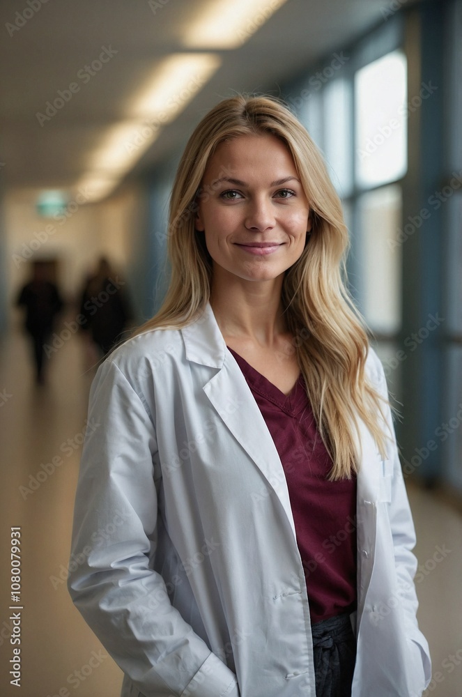 Photo of beautiful female doctor posing on blurry hospital corridor background Photo of beautiful female doctor posing on blurry hospital corridor background