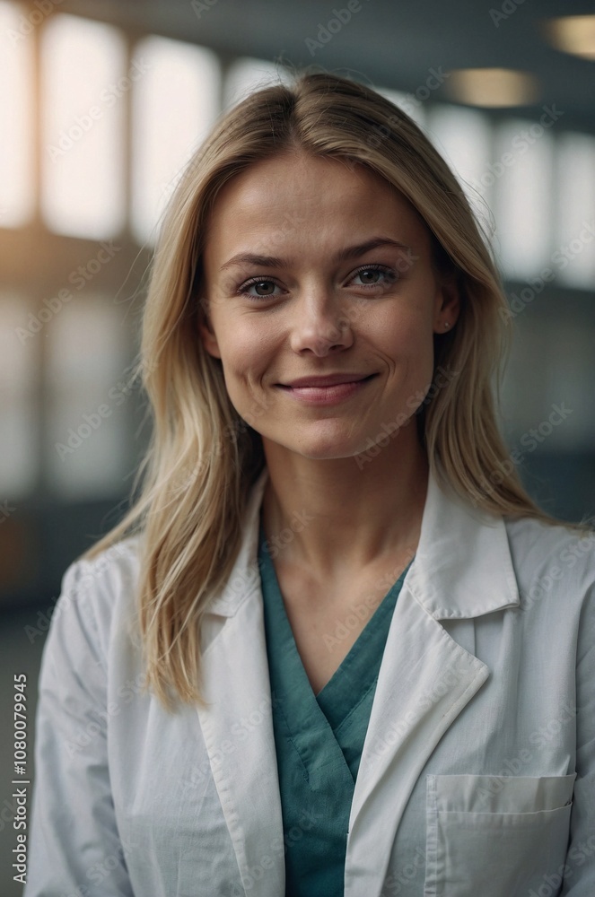 Photo of beautiful female doctor posing on blurry hospital corridor background Photo of beautiful female doctor posing on blurry hospital corridor background