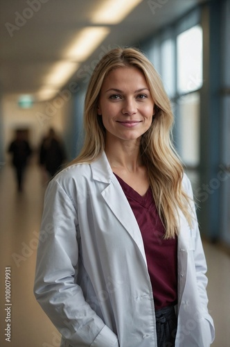 Free Download Photo of beautiful female doctor posing on blurry hospital corridor background - GFXLoad