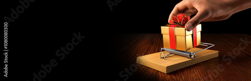 Extreme close-up of a male hand trying to take a gift package from a mousetrap on a wooden floor, isolated on a black background with copy space. Blank wide banner. Generative Ai. photo