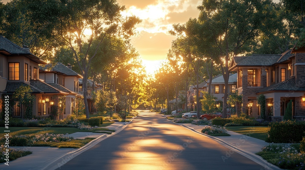 Serene suburban street at sunset with lush greenery. Serene suburban street at sunset with lush greenery.