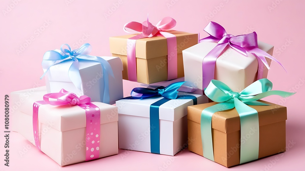 A stack of birthday gift boxes with colorful ribbons on a soft pink background A stack of birthday gift boxes with colorful ribbons on a soft pink background