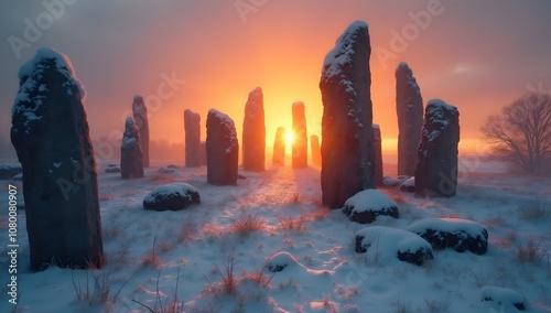 Winter solstice scene with standing stones, dramatic sunset, mystical and serene atmosphere