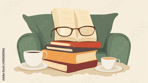 Stack of Books with Glasses, Cups of Coffee and a Green Armchair photo