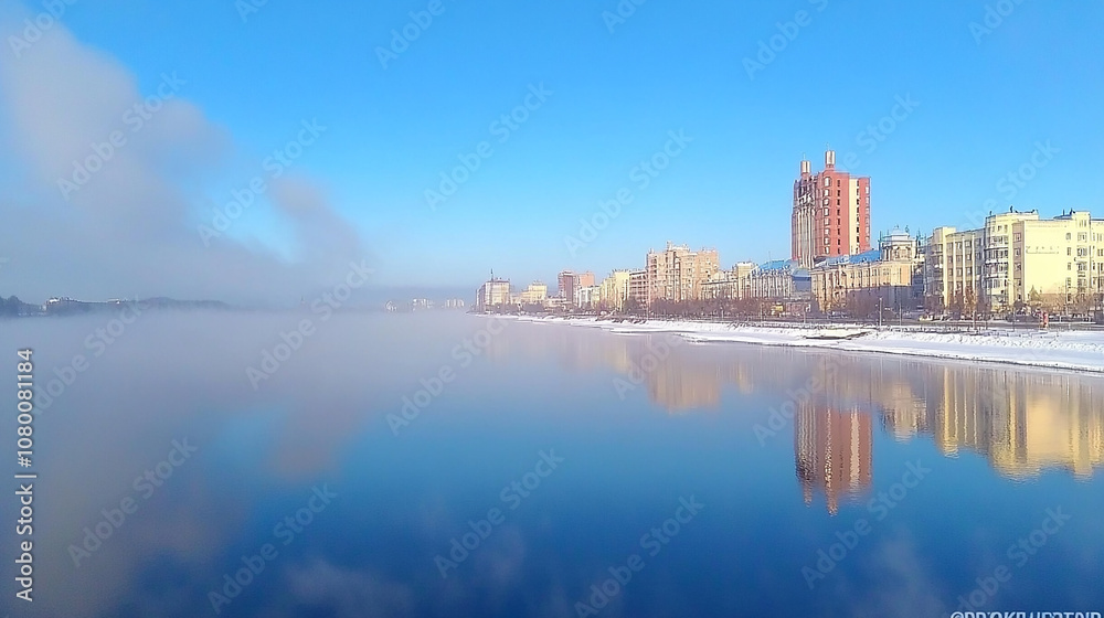 A panoramic view of a city skyline reflected in a calm river, with fog rolling in from the distance. A panoramic view of a city skyline reflected in a calm river, with fog rolling in from the distance.