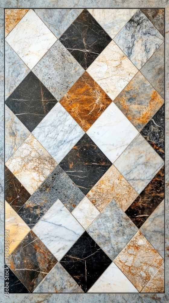 A stunning geometric design of diamond-patterned marble flooring showcases a blend of black, white, and golden hues, enhancing contemporary spaces with elegance