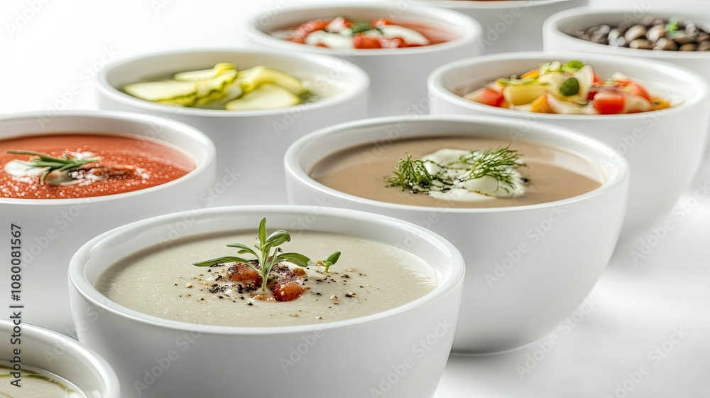 A Variety of Colorful Soups Displayed in White Bowls on a Bright Surface, Showcasing Diversity in Ingredients and Presentation for Culinary Inspiration A Variety of Colorful Soups Displayed in White Bowls on a Bright Surface, Showcasing Diversity in Ingredients and Presentation for Culinary Inspiration