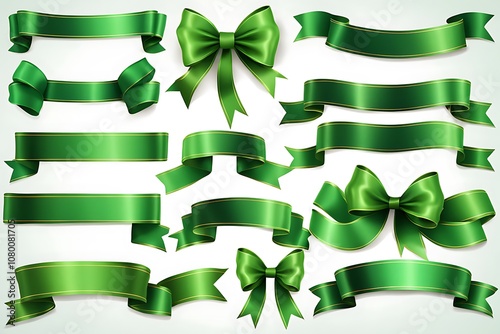 Green gift bows set isolated on white background. Christmas, New Year, birthday decoration. Vector realistic decor element for banner, greeting card, poster.