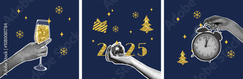 Trendy new year christmas halftone collage. Set of New Year's Eve halftone collages with gold glittery texture for cards, posters, templates.