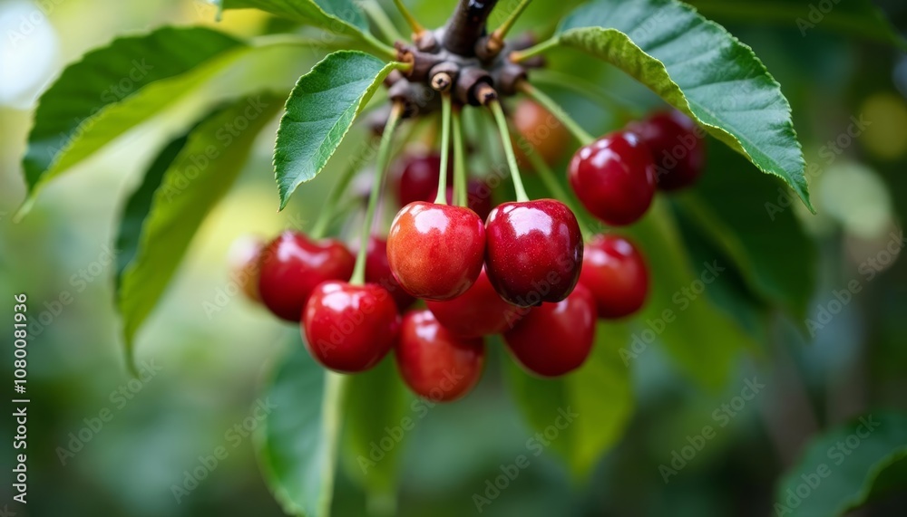 Bright red cherries hanging from a tree branch Bright red cherries hanging from a tree branch