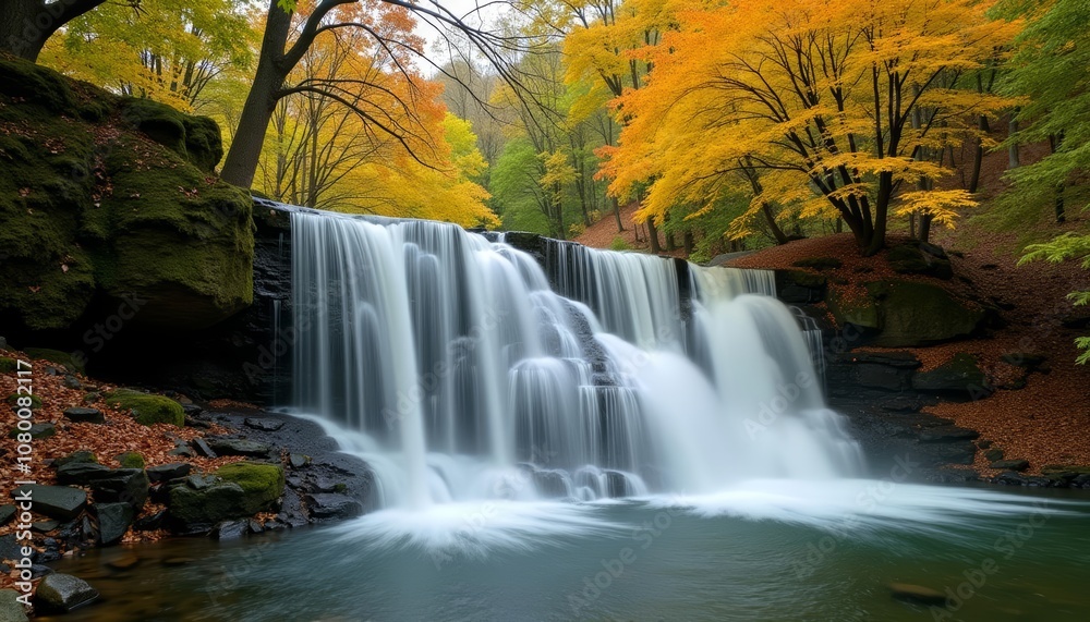 Natures Serenity A waterfall in a vibrant autumn forest Natures Serenity A waterfall in a vibrant autumn forest
